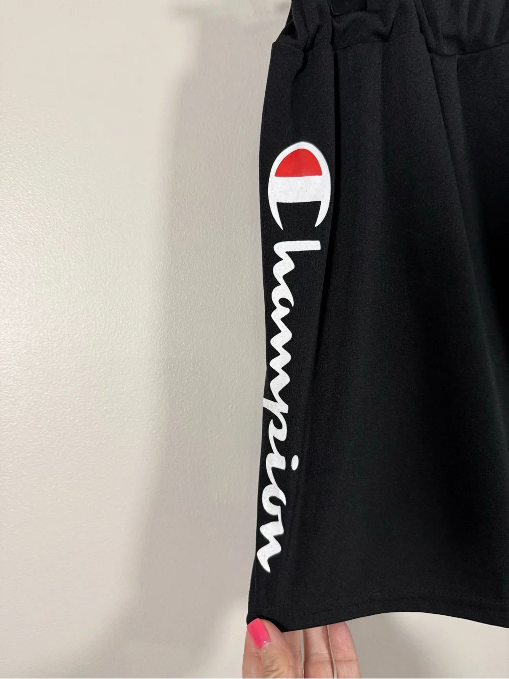 Champion Black Athletic Shorts with Red & White Logo